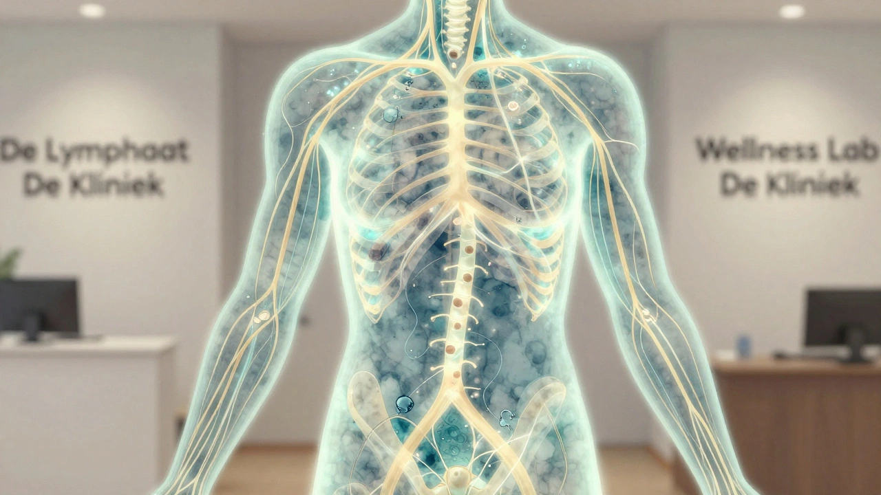 An ethereal, glowing network of lymphatic vessels within a human torso, with particles of fluid being guided toward lymph nodes in soft cyan and gold light.