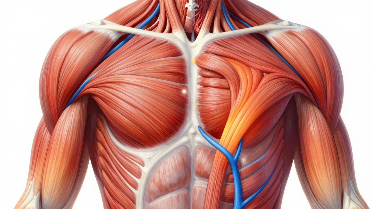 Anatomical illustration showing muscle adhesions dissolving into smooth tissue with improved blood flow.