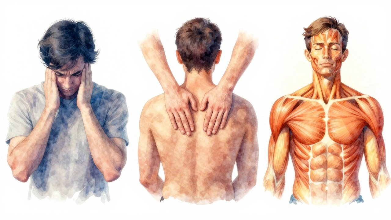 Artistic illustration showing tension release in shoulders and back through massage, with color transition from cool to warm tones.