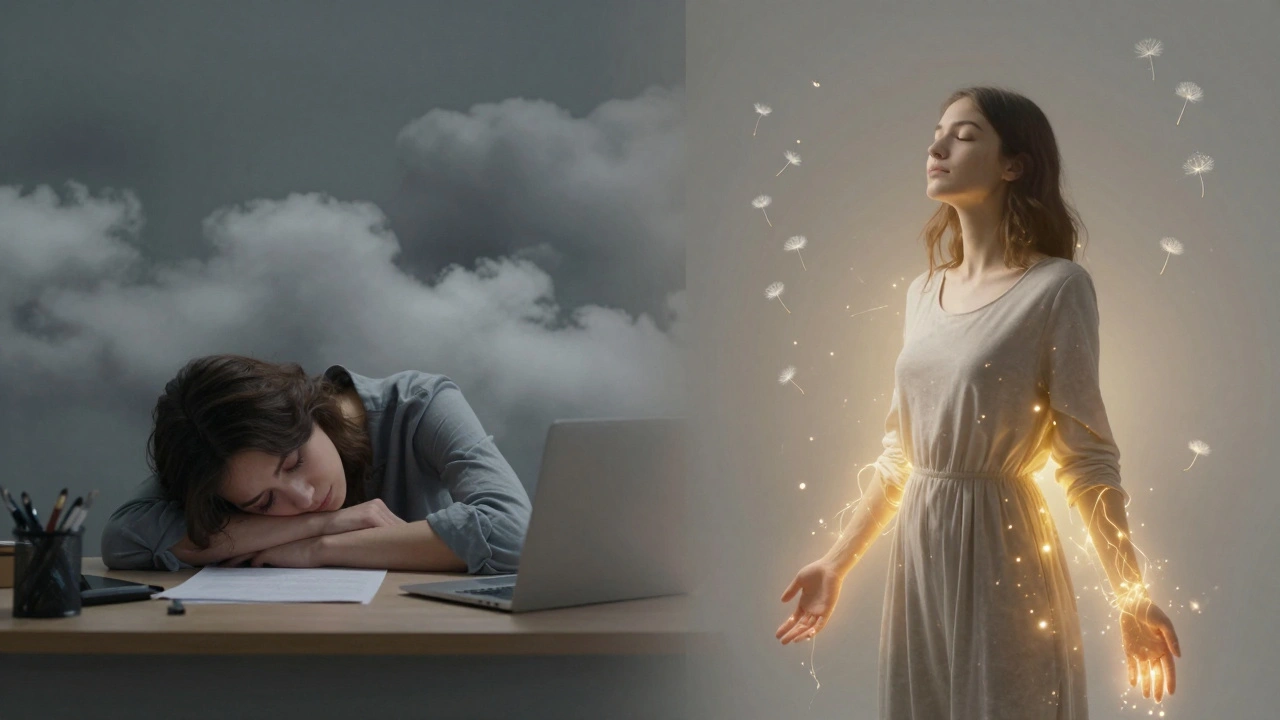 Before and after: a tired person on the left, glowing with renewed energy on the right, symbolizing lymphatic renewal.