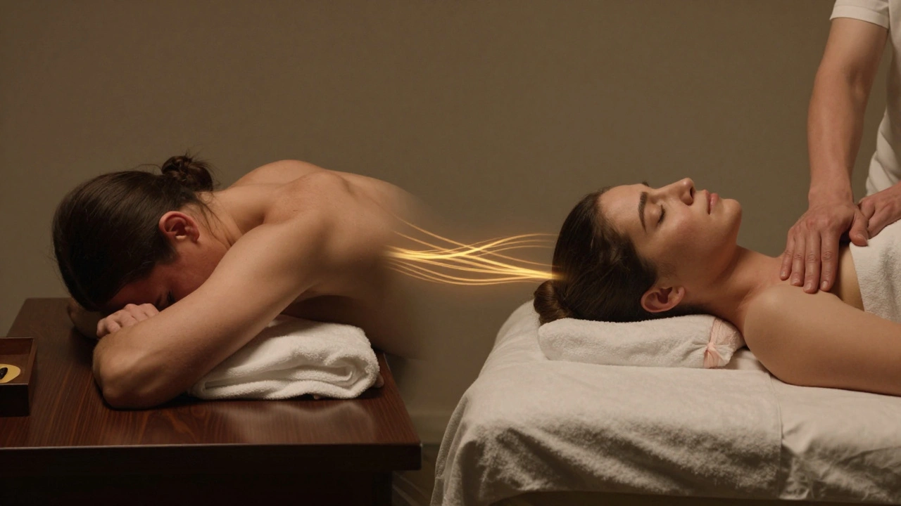 Before-and-after: stressed person at desk vs. relaxed person on massage table, symbolizing nervous system reset through touch.