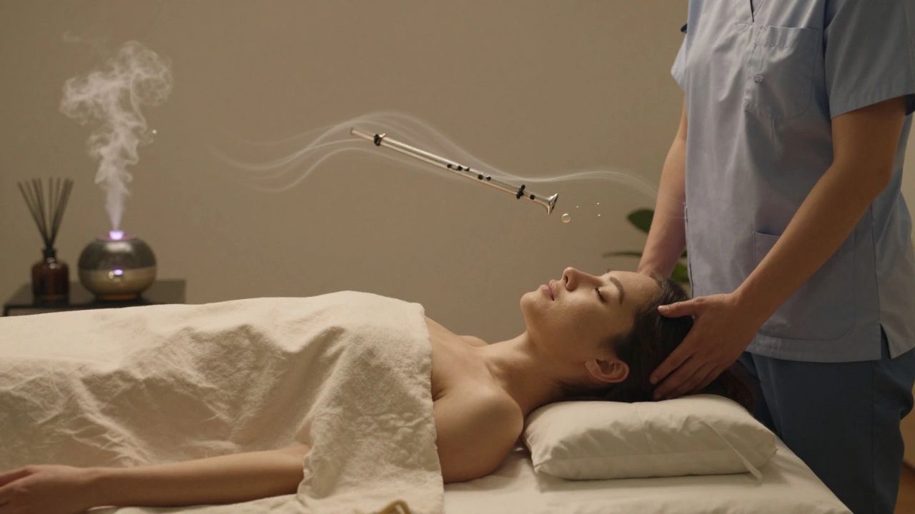 Client relaxed under sheet, therapist standing nearby in calm, steam-filled room