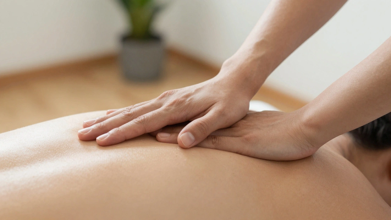 Close-up of a therapist's forearm moving smoothly over a client's shoulder with glistening organic oil, soft background blur.