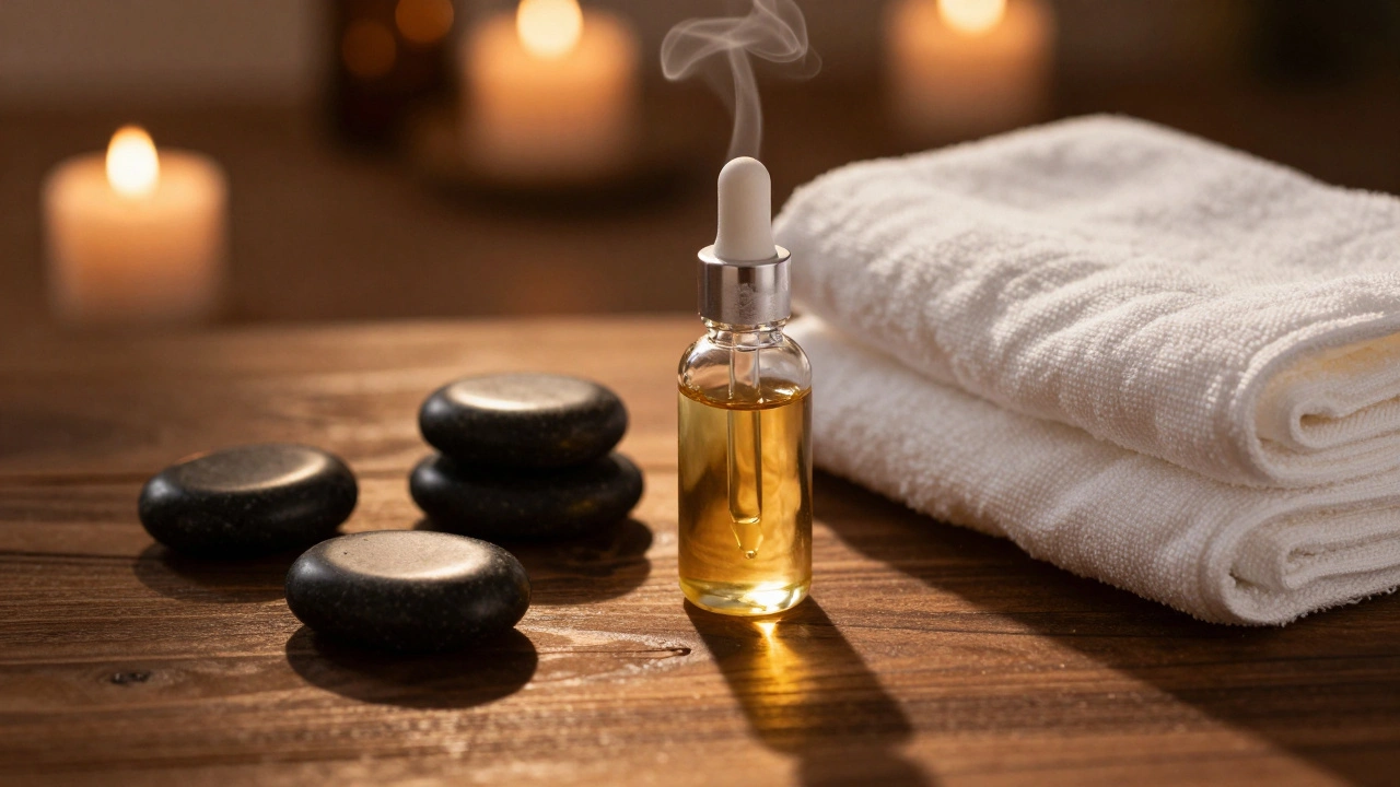 Close-up of hot stones and essential oils on spa treatment cart