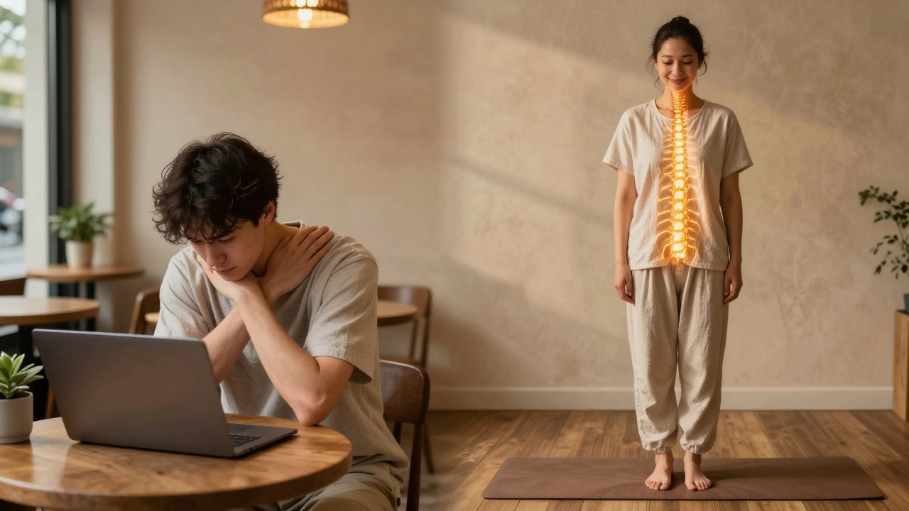 Contrast between stressed person at a café and relaxed person after Thai massage, symbolizing transformation from tension to alignment.
