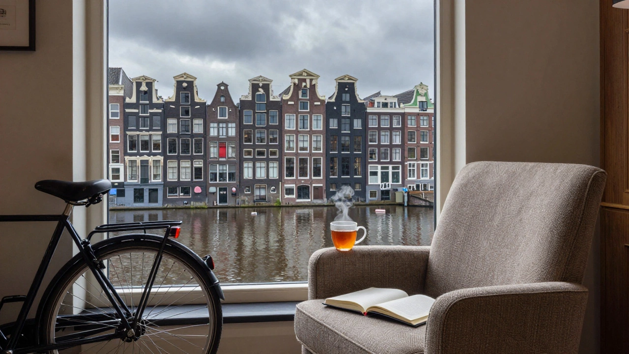Cozy interior with canal view symbolizing relaxation in the city.