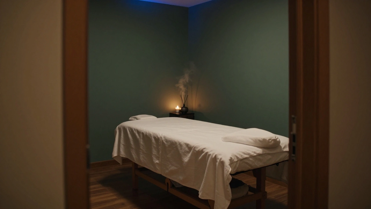 Dimly lit spa room with candles and a prepared massage table.