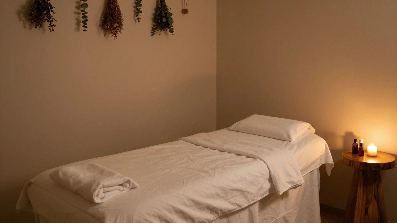 Empty wellness room with oil bottles and candles glowing