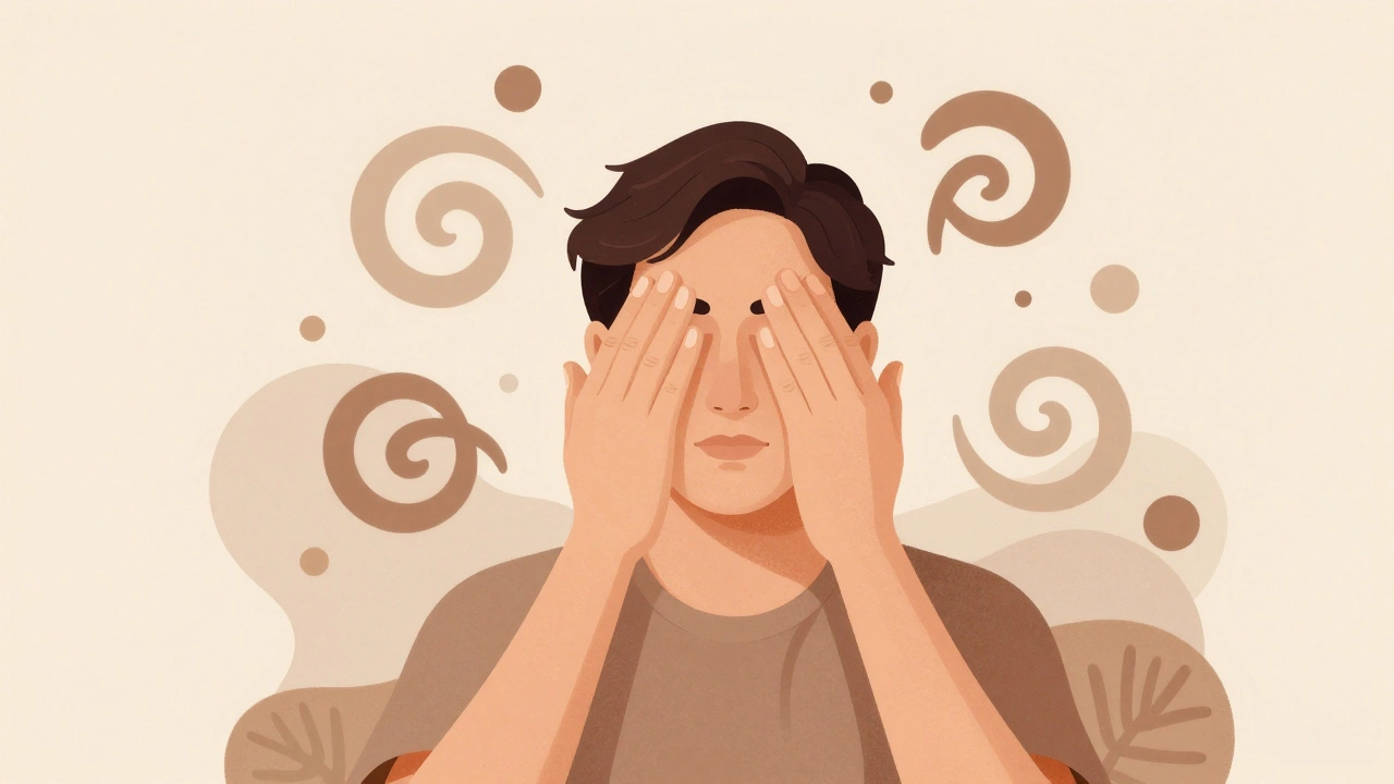 Figure resting hands on temples in peaceful abstract art