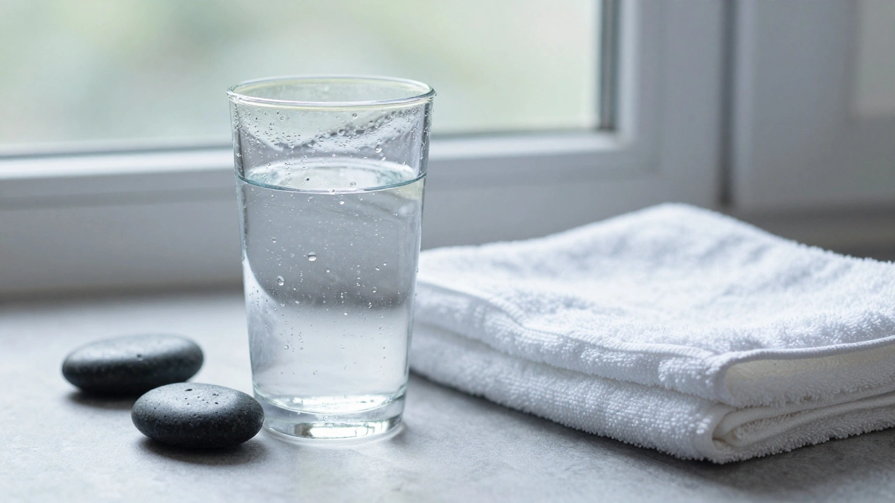 Glass of water next to smooth stones on a white towel.