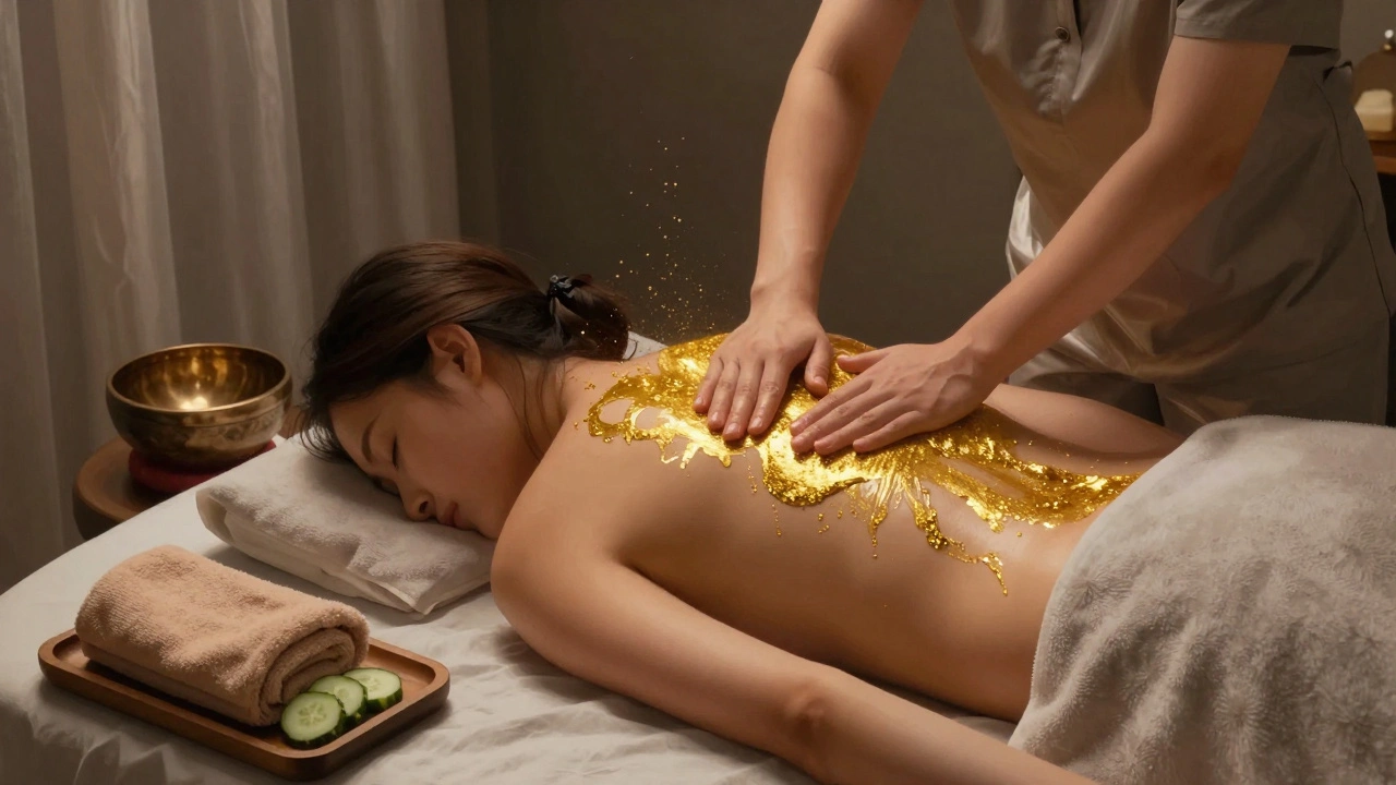 Gold leaf oil being applied during a luxurious massage, with a Tibetan singing bowl nearby.