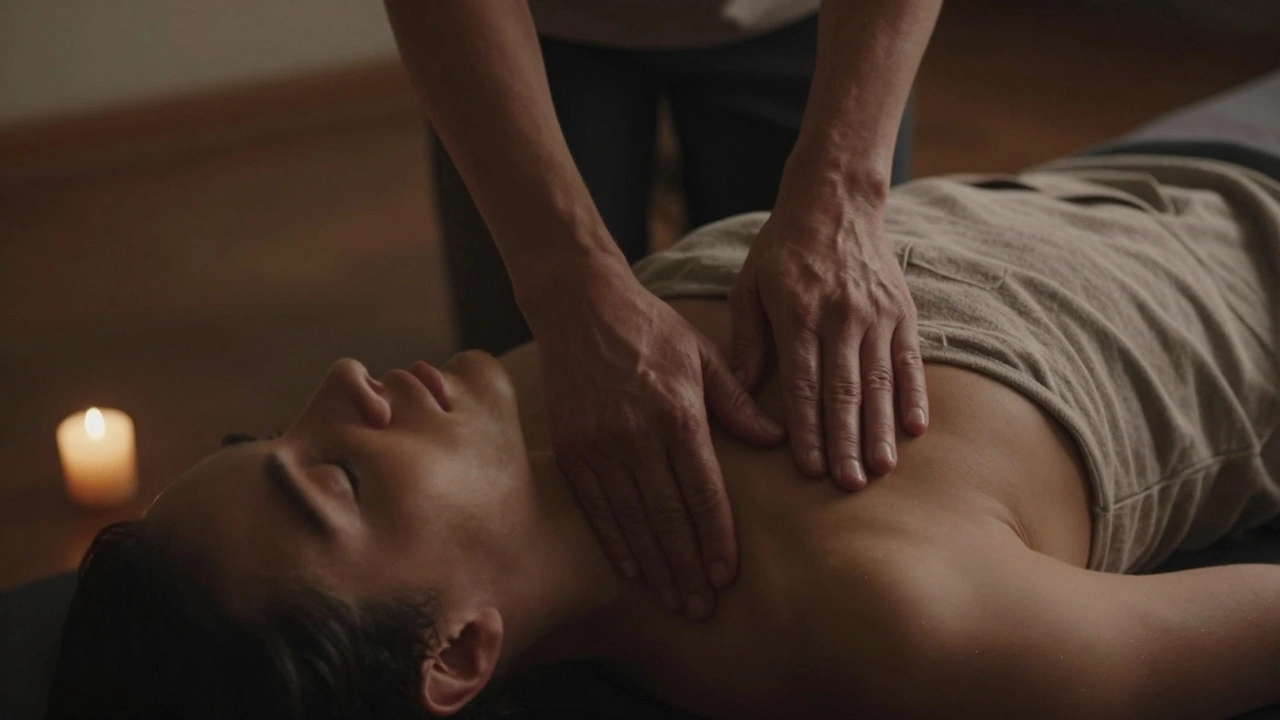 Hands applying gentle pressure along the spine of a relaxed person on a mat.
