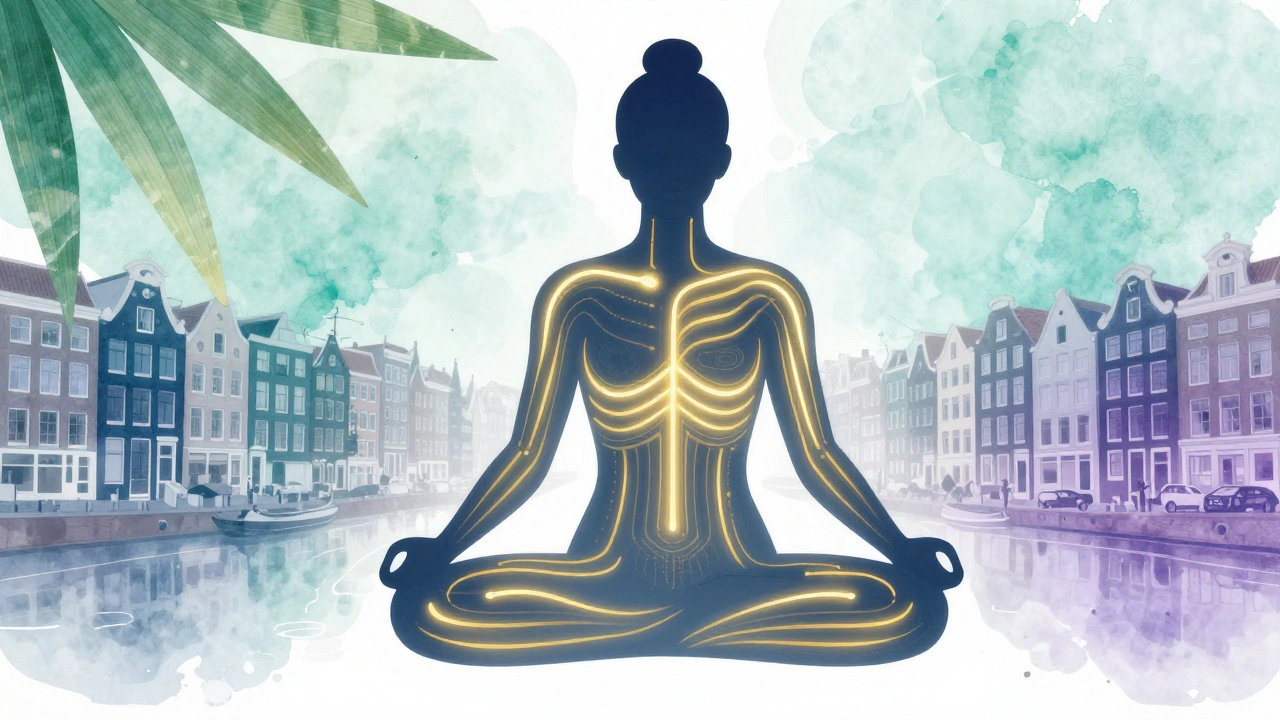 Illustration of energy lines on human silhouette with canal background