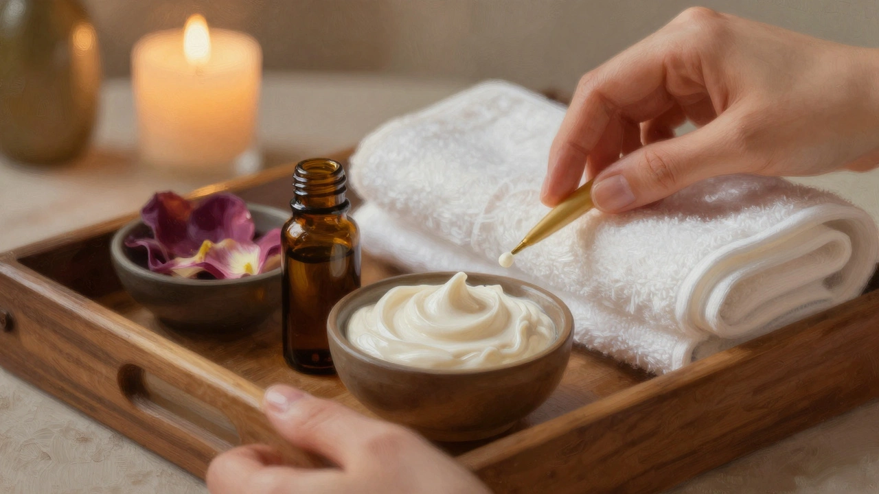 Macro shot of massage oils, herbs, and towels on a wooden tray.