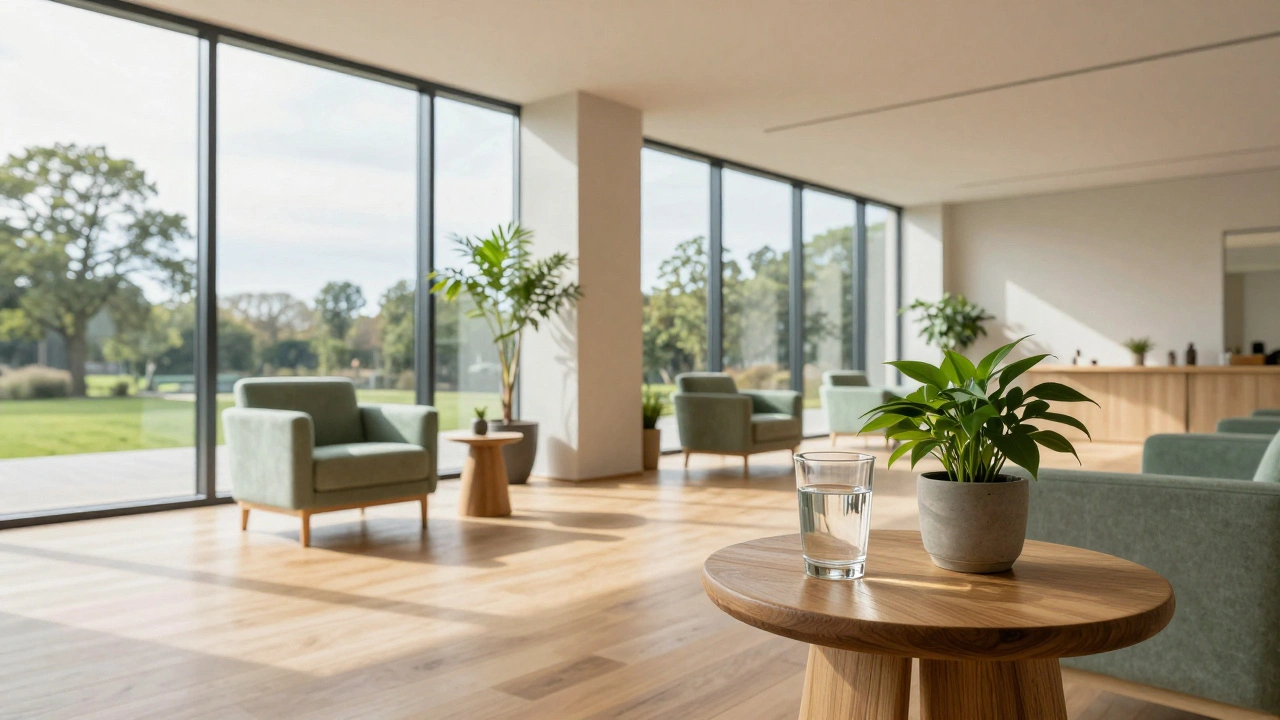 Minimalist wellness studio interior with water glass and plants.