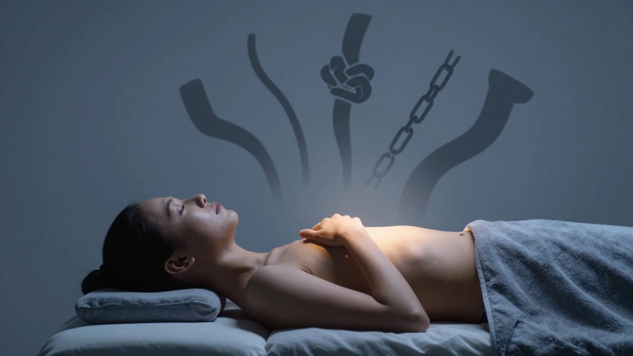 Person lying on massage table in deep relief as tension dissolves into mist behind them.