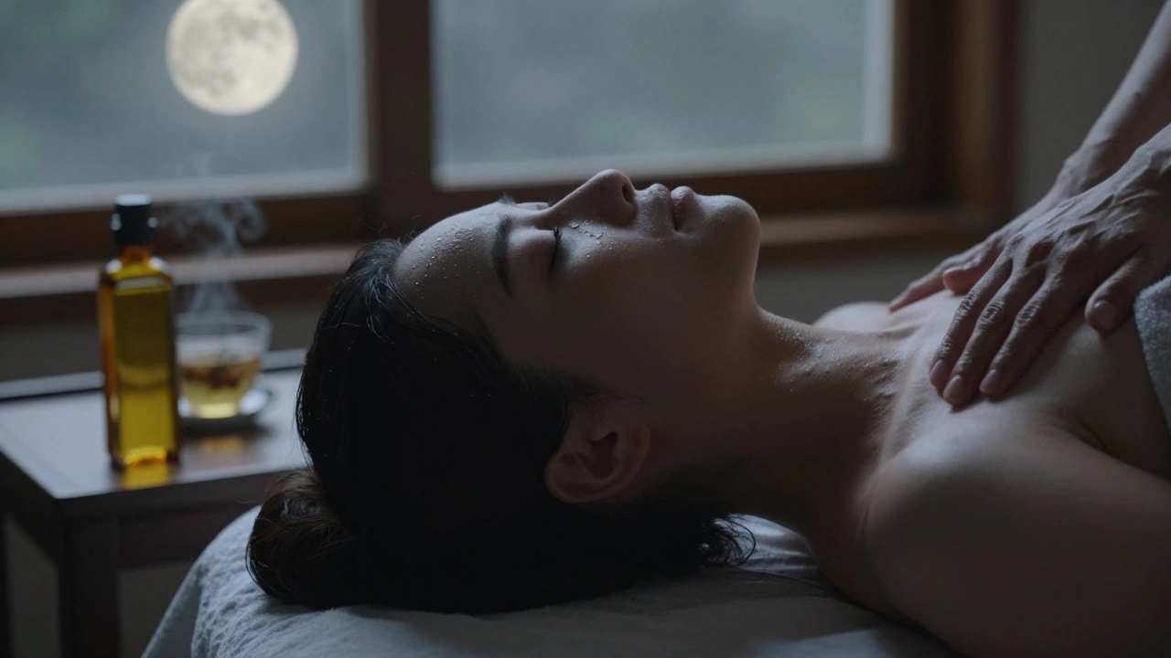 Person lying peacefully after massage, bathed in moonlight, radiating deep calm and release.