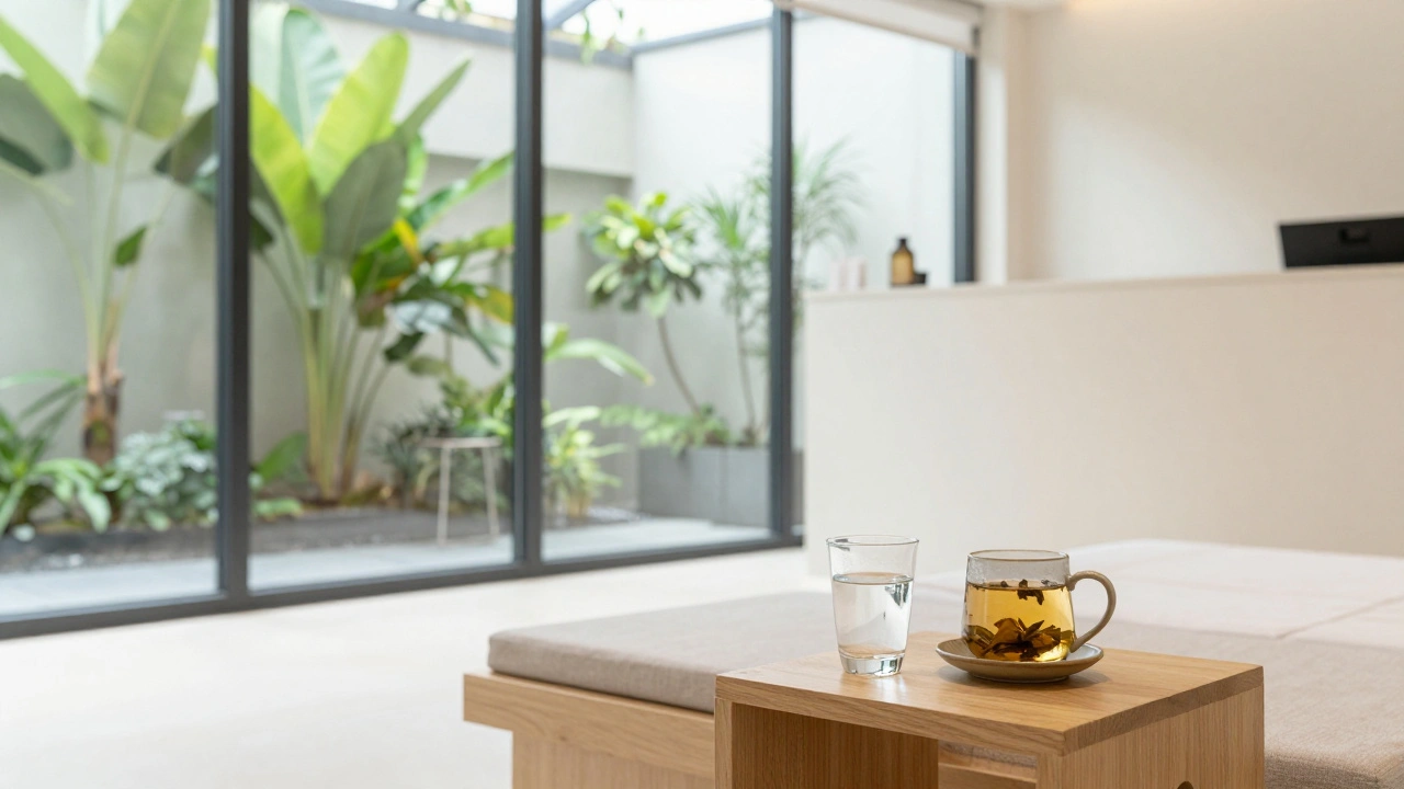 Serene spa lounge with herbal tea and glass of water on table