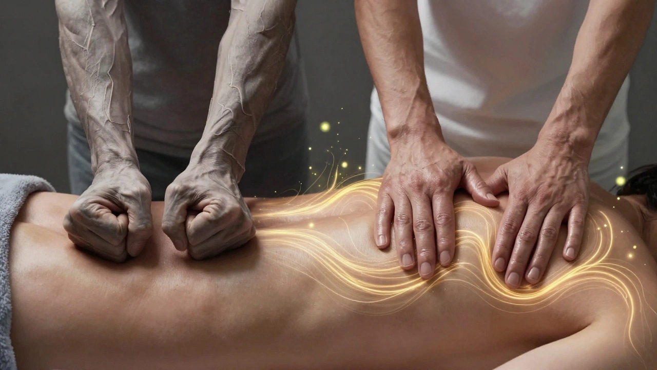 Side-by-side visual contrast: tense, gray muscles versus relaxed, glowing tissue with golden flow and glowing immune cells.