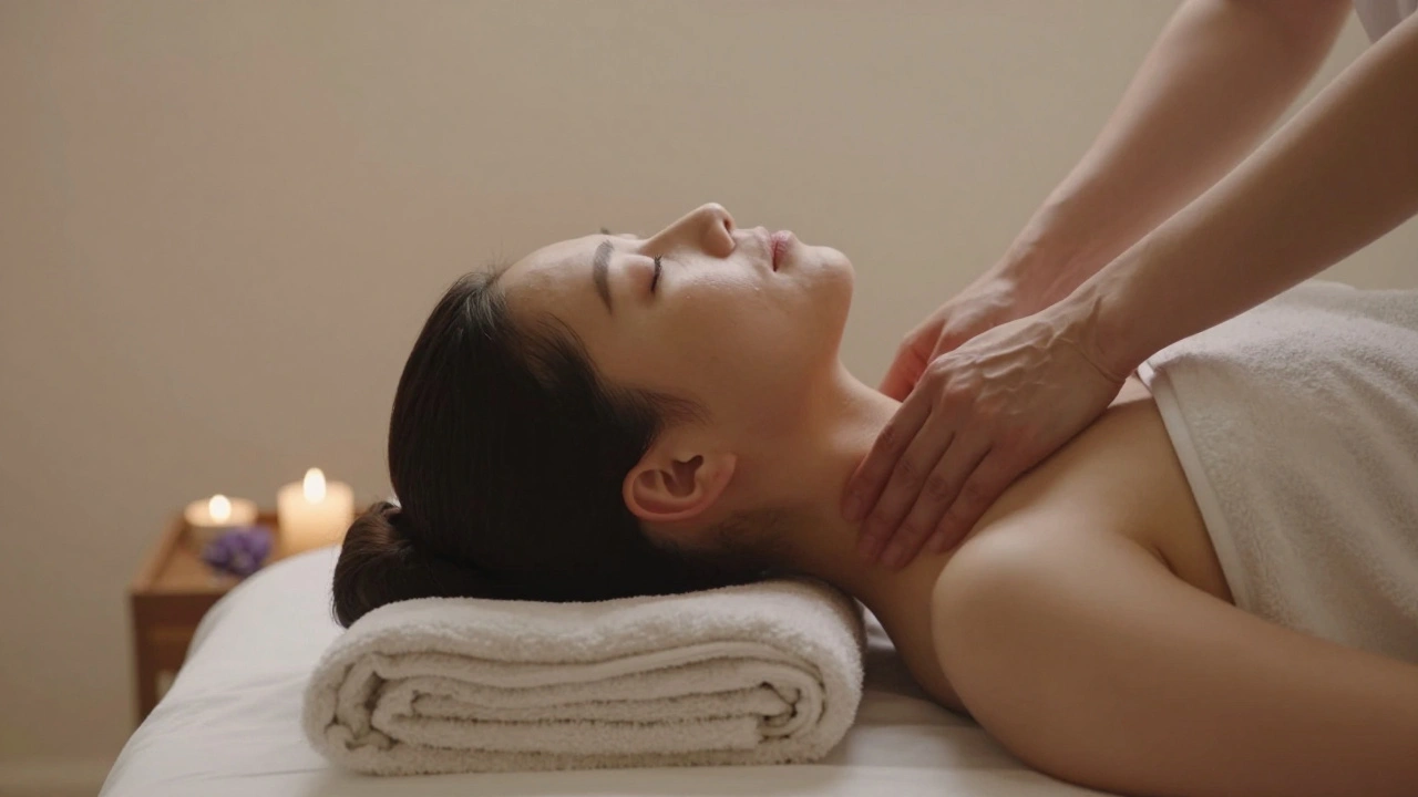 Therapist performing a head massage with warm oil in a serene spa setting.