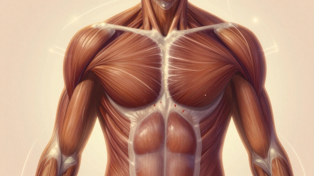 Translucent human torso showing broken adhesions and improved circulation with warm color gradients.