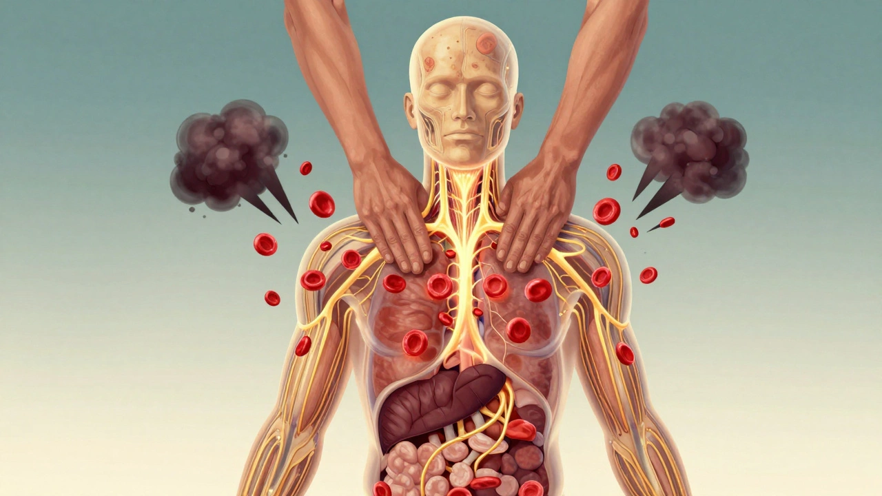 Transparent human body with glowing lymphatic fluid flowing upward, stress symbols dissolving into mist around the shoulders.
