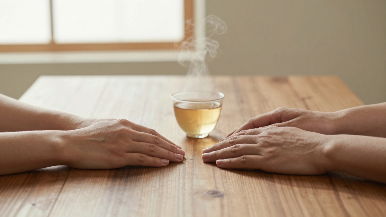 Two hands resting side by side on a wooden table after a session, with a steaming cup of tea between them in calm natural light.