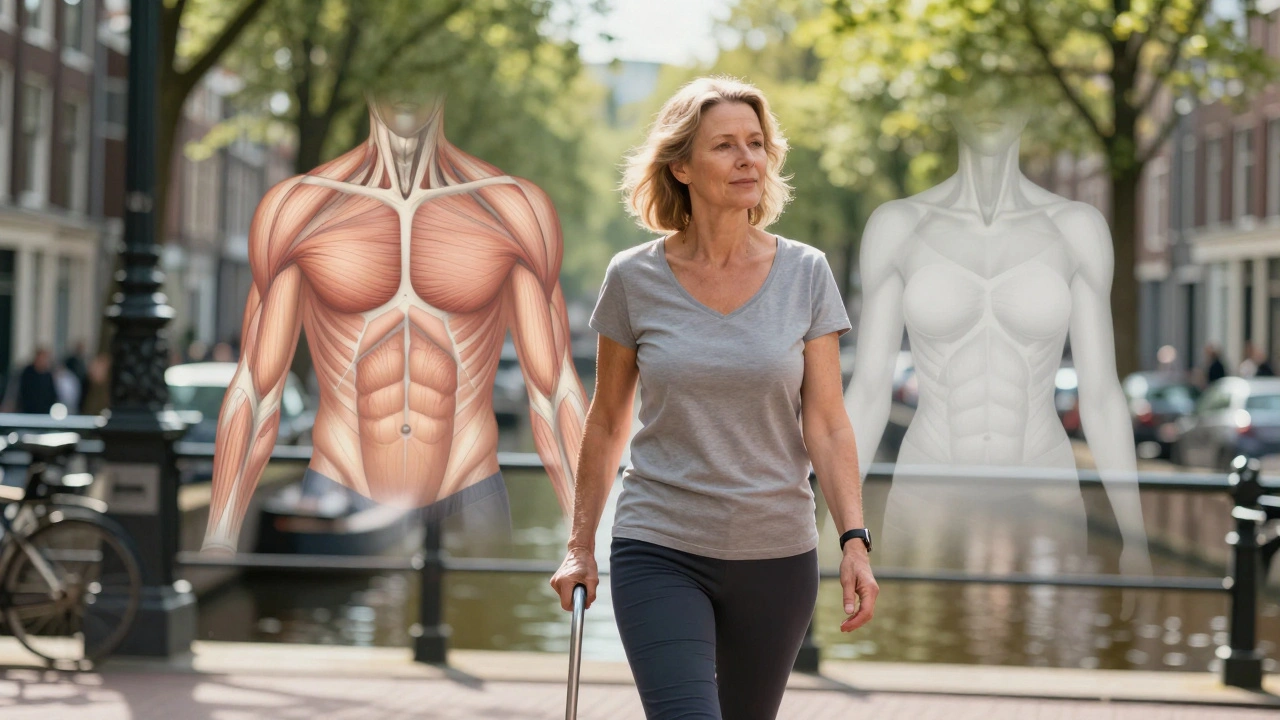 Woman walking freely in Amsterdam after deep tissue therapy, with translucent before-and-after muscle maps behind her.